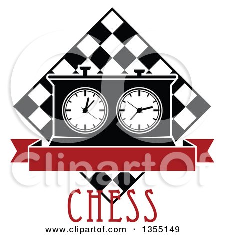 Clipart of a Black and White Chess Board and Game Clock with Blank Red Banner over Text - Royalty Free Vector Illustration by Vector Tradition SM