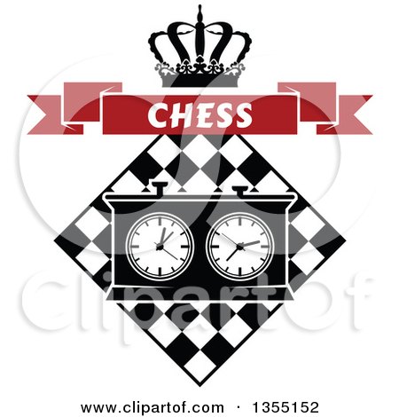 Clipart of a Black and White Chess Board and Game Clock with a Crown and Red Chess Banner - Royalty Free Vector Illustration by Vector Tradition SM