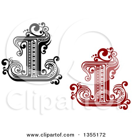 Clipart of Retro Black Red and White Capital Letter I Designs with Flourishes - Royalty Free Vector Illustration by Vector Tradition SM