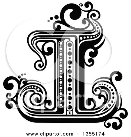 Clipart of a Retro Black and White Capital Letter I with Flourishes - Royalty Free Vector Illustration by Vector Tradition SM