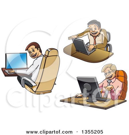 Clipart of Cartoon Business Me Working on Computers - Royalty Free Vector Illustration by Vector Tradition SM