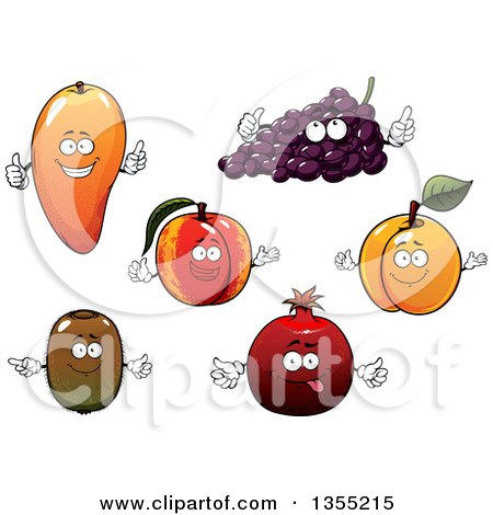 Clipart of Mango, Grapes, Apricot, Peach, Pomegranate and Kiwi Fruit Characters - Royalty Free Vector Illustration by Vector Tradition SM