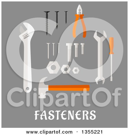 Clipart of Flat Design Screws, Nails, Bolts and Nuts, Hammer, Wrench, Screwdriver, Pliers and Adjustable Spanner over Text on Gray - Royalty Free Vector Illustration by Vector Tradition SM