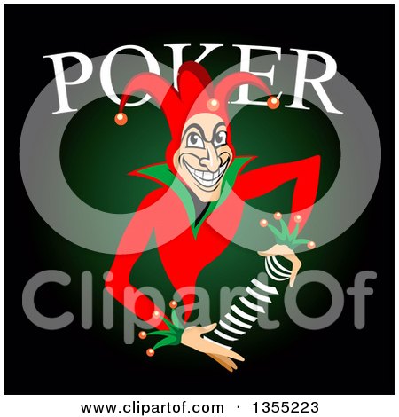 Clipart of a Grinning Joker Shuffling Cards Under Poker Text over Black and Green - Royalty Free Vector Illustration by Vector Tradition SM