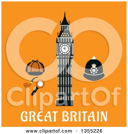 Clipart of a Flat Design Big Ben Clock Tower, Sherlock Cap, Pipe, Magnifier and Custodian Police Helmet over Text on Orange - Royalty Free Vector Illustration by Vector Tradition SM