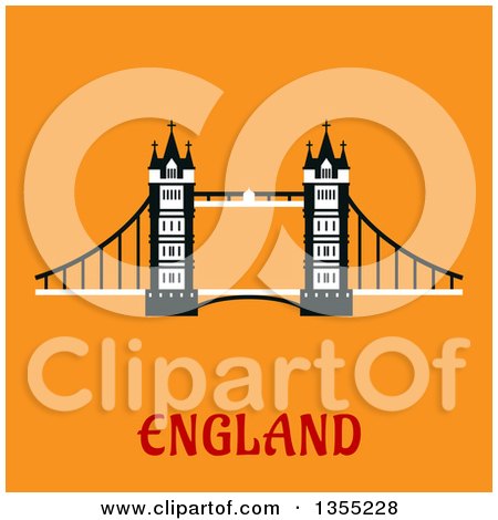 Clipart of a Black and White Tower Bridge over the Thames River and England Text on Orange - Royalty Free Vector Illustration by Vector Tradition SM