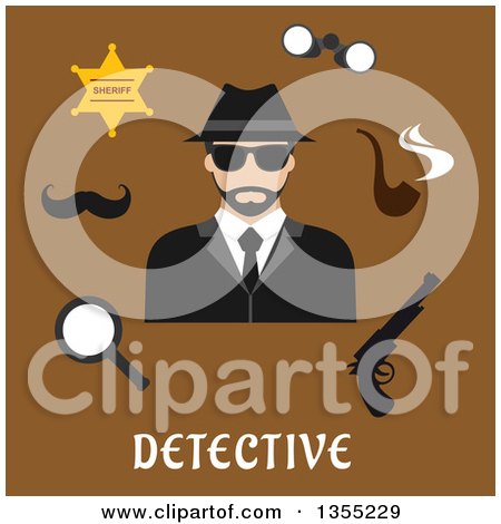Clipart of a Flat Design Male Detective Avatar with Accessories over Text on Brown - Royalty Free Vector Illustration by Vector Tradition SM