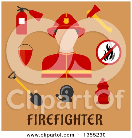 Clipart of a Flat Design Fireman Avatar and Accessories over Tan and Text - Royalty Free Vector Illustration by Vector Tradition SM