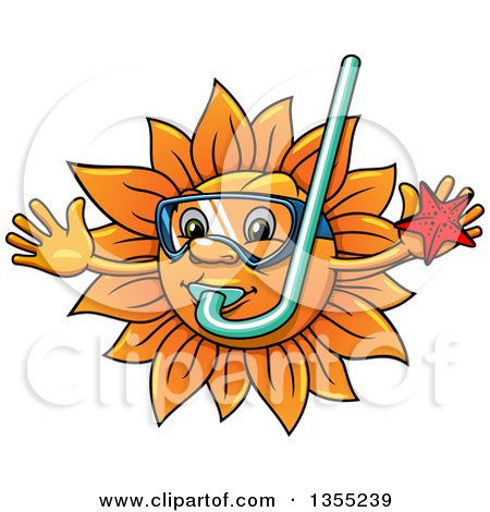 Clipart of a Cartoon Happy Sun Character Holding a Starfish, Wearing Goggles and a Snorkel - Royalty Free Vector Illustration by Vector Tradition SM
