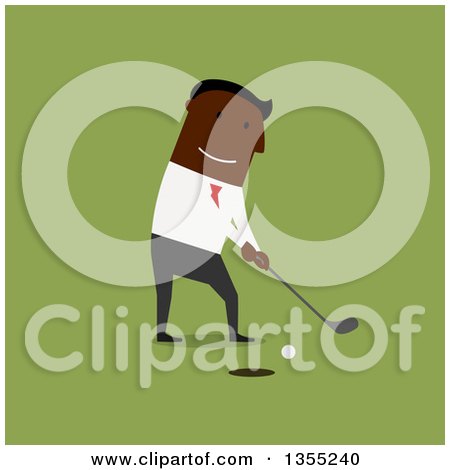 Clipart of a Flat Design Black Businessman Golfing over Green - Royalty Free Vector Illustration by Vector Tradition SM