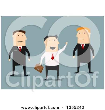 Clipart of a Flat Design White Businessman Waving by Guards, on Blue - Royalty Free Vector Illustration by Vector Tradition SM