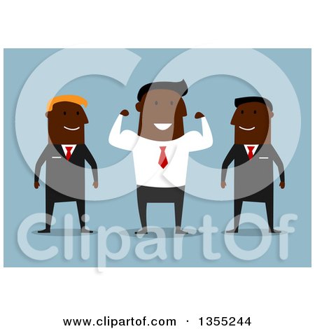 Clipart of a Flat Design Black Businessman Flexing His Muscles Between His Guards, over Blue - Royalty Free Vector Illustration by Vector Tradition SM