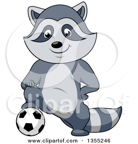 Clipart of a Cartoon Raccoon Resting a Foot on a Soccer Ball - Royalty Free Vector Illustration by Vector Tradition SM