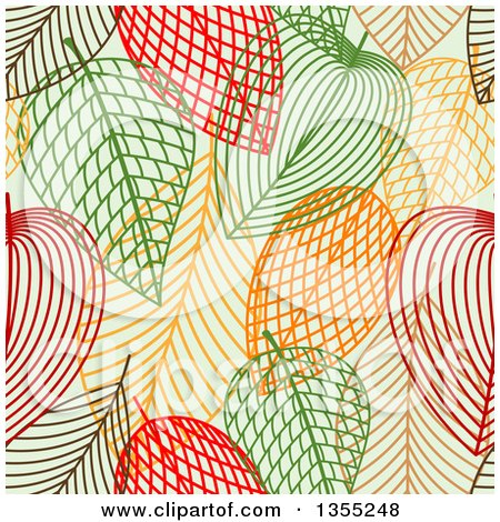 Clipart of a Seamless Background Pattern of Sketched Skeleton Autumn Leaves on Green - Royalty Free Vector Illustration by Vector Tradition SM