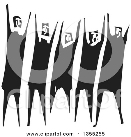 Clipart of a Black and White Woodcut Group of People Throwing up Their Arms or Cheering - Royalty Free Vector Illustration by xunantunich