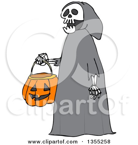 Clipart of a Cartoon Halloween Skeleton Wearing a Hood and Carrying a Pumpkin Basket - Royalty Free Vector Illustration by djart