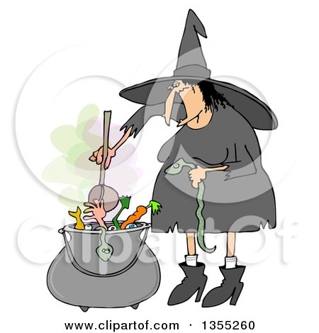 Clipart of a Cartoon Halloween Witch Adding a Snake into Her Brew - Royalty Free Illustration by djart
