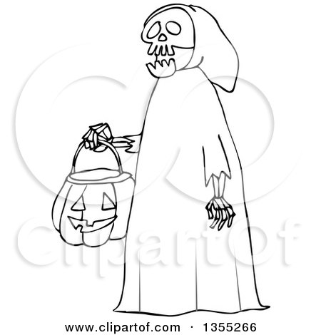 Outline Clipart of a Cartoon Black and White Halloween Skeleton Wearing a Hood and Carrying a Pumpkin Basket - Royalty Free Lineart Vector Illustration by djart
