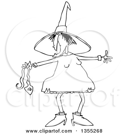 Outline Clipart of a Cartoon Black and White Chubby Warty Halloween Witch Holding a Snake - Royalty Free Lineart Vector Illustration by djart