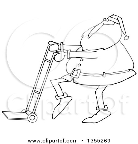 Outline Clipart of a Cartoon Black and White Christmas Santa Claus Pushing a Hand Truck Dolly - Royalty Free Lineart Vector Illustration by djart