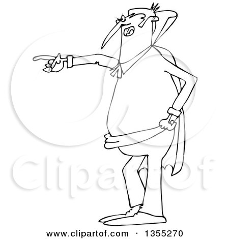 Outline Clipart of a Cartoon Black and White Angry Vampire Pointing to the Left - Royalty Free Lineart Vector Illustration by djart