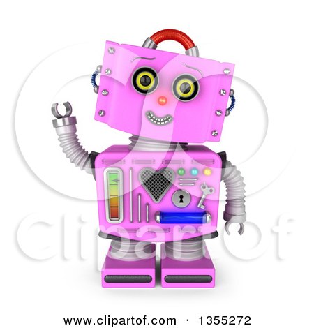 Clipart of a 3d Friendly Retro Pink Female Robot Tilting Her Head and Waving - Royalty Free Illustration by stockillustrations