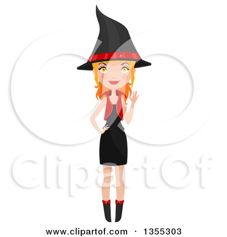 Clipart Of A Full Length Red Haired Witch Waving - Royalty Free Vector Illustration by Melisende Vector