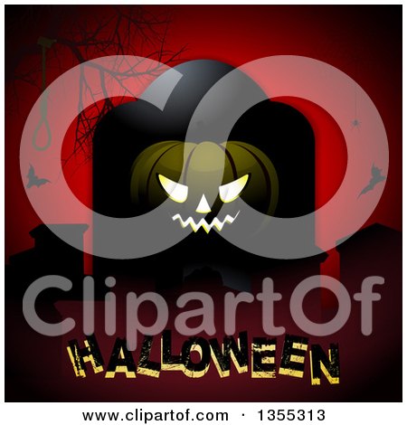 Clipart of a Grinning Jackolantern Pumpkin Against a Tombstone, with a Bare Tree Branch, Noose Vampire Bats and Halloween Text over Red - Royalty Free Vector Illustration by elaineitalia