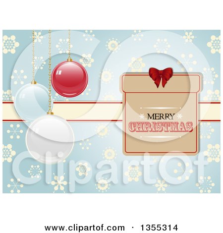 Clipart of a Merry Christmas Gift Tag and Ribbon over a Blue Snowflake Pattern with Suspended 3d Baubles - Royalty Free Vector Illustration by elaineitalia
