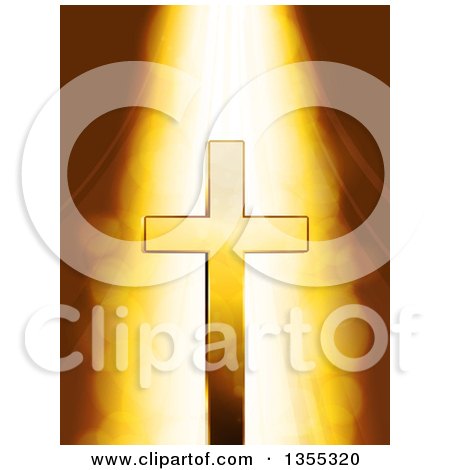 Clipart of Heavenly Light Shining down on a Mystic Gold Cross over Flares - Royalty Free Vector Illustration by elaineitalia