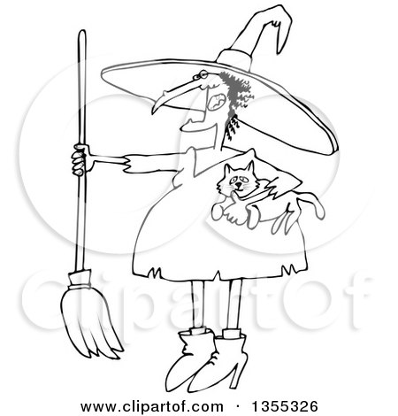 Outline Clipart of a Cartoon Black and White Chubby Warty Halloween Witch Holding a Broom and Cat - Royalty Free Lineart Vector Illustration by djart