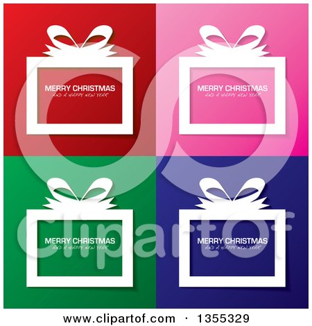 Clipart of White Gift Boxes with Merry Christmas and a Happy New Year Greetings over Red, Pink, Green and Blue Backgrounds - Royalty Free Vector Illustration by michaeltravers