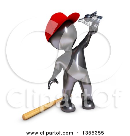 Clipart of a 3d Reflective Black Man Baseball Player Holding up a Trophy, on a White Background - Royalty Free Illustration by KJ Pargeter
