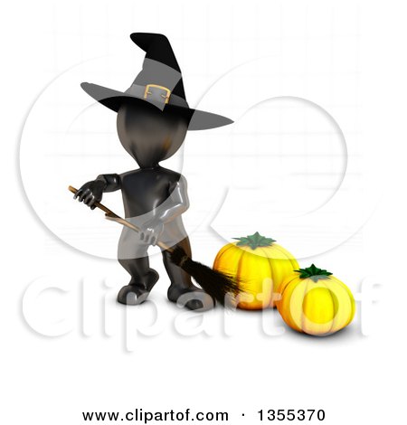 Clipart of a 3d Reflective Black Witch Holding a Broom by Pumpkins, on a White Background with Faint Grid Lines - Royalty Free Illustration by KJ Pargeter