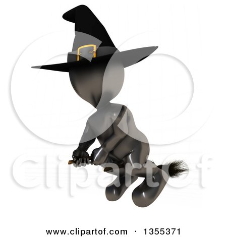 Clipart of a 3d Reflective Black Witch Flying on a Broomstick, on a White Background with Faint Lines - Royalty Free Illustration by KJ Pargeter