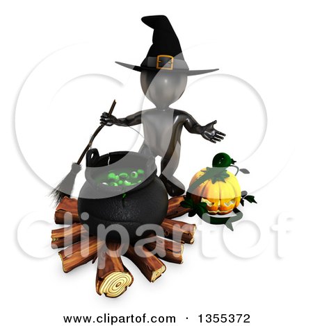 Clipart of a 3d Reflective Black Witch Holding a Broom by Pumpkins and a Cauldron Full of Eyeballs, on a White Background - Royalty Free Illustration by KJ Pargeter