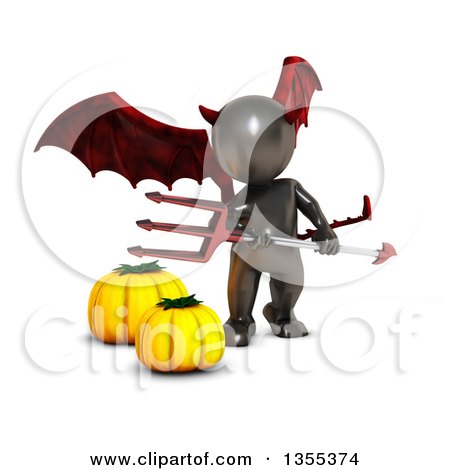 Clipart of a 3d Reflective Black Demon Holding a Pitchfork over Pumpkins, on a White Background - Royalty Free Illustration by KJ Pargeter