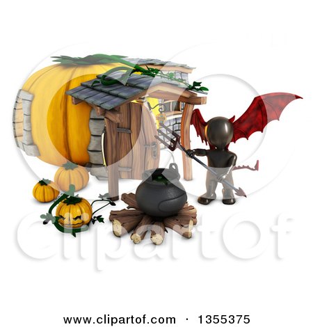 Clipart of a 3d Reflective Black Demon Holding a Pitchfork over a Cauldron at a Pumpkin House, on a White Background - Royalty Free Illustration by KJ Pargeter