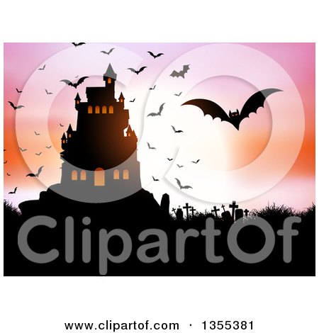 Clipart of a Silhouetted Spooky Haunted Halloween Castle on a Hill Against a Full Moon with Vampire Bats, a Cemetery and Colorful Sky - Royalty Free Vector Illustration by KJ Pargeter