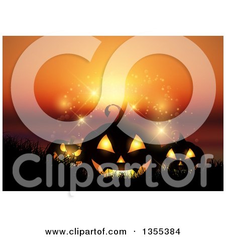Clipart of Halloween Jackolantern Pumkins in Silhouetted Grass over a Sunset Ocean with Magic Lights - Royalty Free Vector Illustration by KJ Pargeter