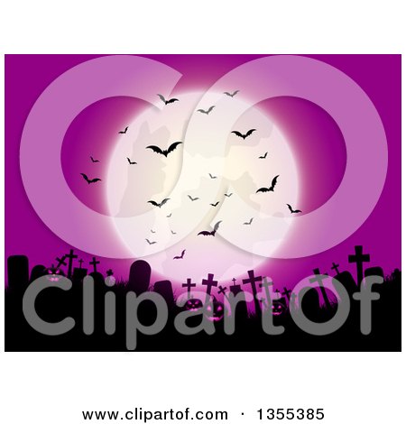 Clipart of a Full Moon with Vampire Bats over a Silhouetted Cemetery with Lit Jackolantern Pumpkins Against a Pink Sky - Royalty Free Vector Illustration by KJ Pargeter