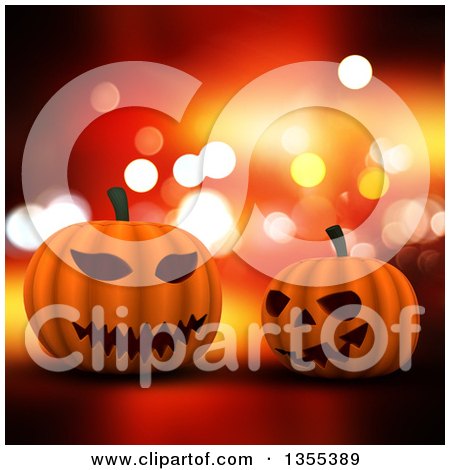 Clipart of Two 3d Halloween Jackolantern Pumpkins over Orange Sparkles - Royalty Free Illustration by KJ Pargeter