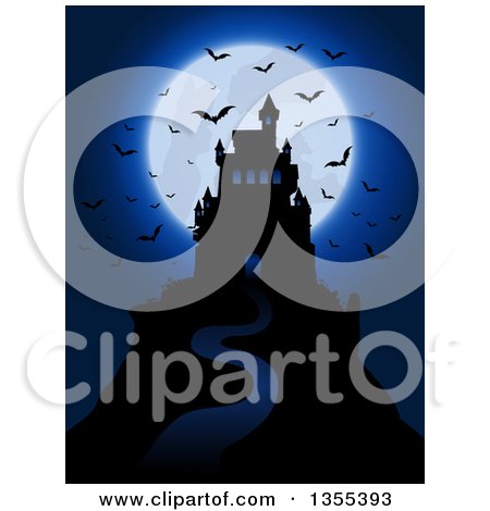 Clipart of a Silhouetted Spooky Haunted Halloween Castle on a Hill Against a Full Moon with Vampire Bats - Royalty Free Vector Illustration by KJ Pargeter