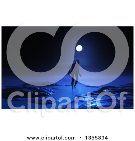 Clipart of a 3d Silhouetted Zombie Wandering in Water Under a Full Moon - Royalty Free Illustration by KJ Pargeter