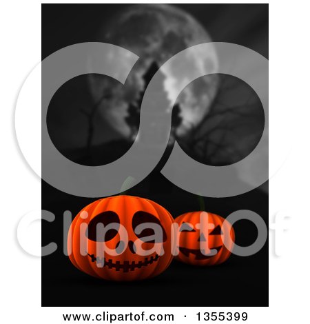 Clipart of 3d Halloween Jackolantern Pumpkins with a Blurred Silhouetted Haunted Castle Under a Full Moon - Royalty Free Illustration by KJ Pargeter