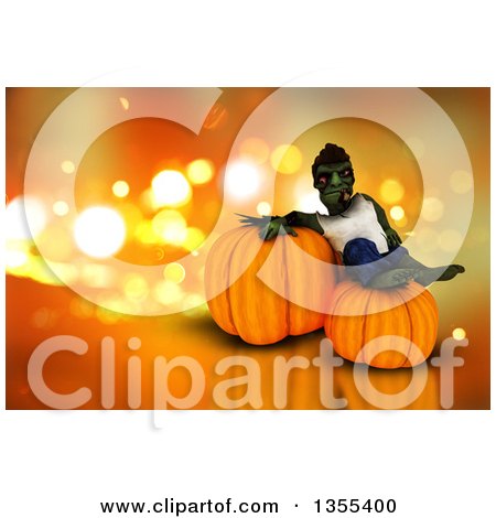 Clipart of a 3d Zombie Resting on Halloween Jackolantern Pumpkins over Orange Sparkles - Royalty Free Illustration by KJ Pargeter