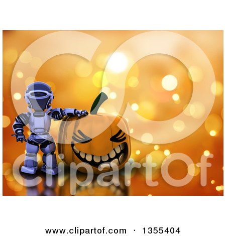 Clipart of a 3d Silver Robot Presenting a Large Toothy Halloween Jackolantern Pumpkin over Orange Bokeh - Royalty Free Illustration by KJ Pargeter