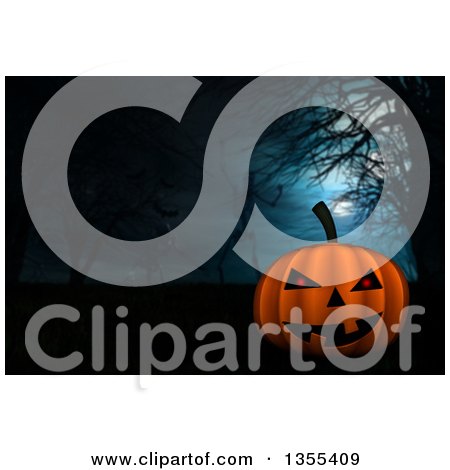Clipart of a 3d Halloween Jackolantern Pumpkin over a Background of Bare Trees and Skeletons - Royalty Free Illustration by KJ Pargeter