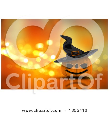 Clipart of a 3d Halloween Jackolantern Pumpkin Wearing a Witch Hat over Orange Sparkles - Royalty Free Illustration by KJ Pargeter