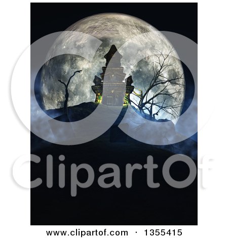 3d Haunted Halloween Castle on a Hill, Against a Giant Full Moon with a Cemetery in the Foreground Posters, Art Prints